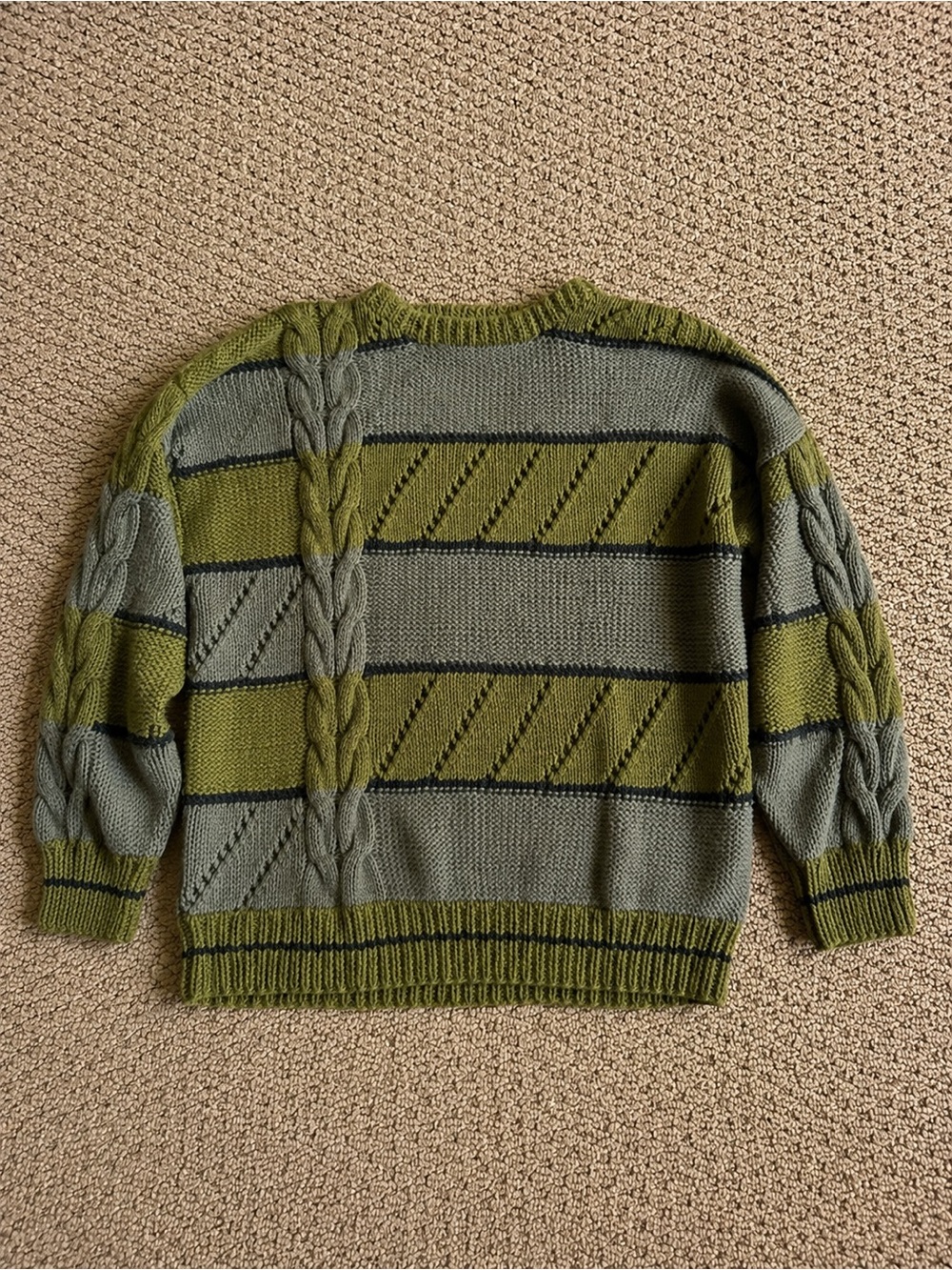 Vintage Olive Green & Gray Cable Knit Sweater
